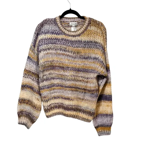Molly Bracken Womens Striped Chunky Knit Wool Blend Sweater Purple Yellow M - Image 2