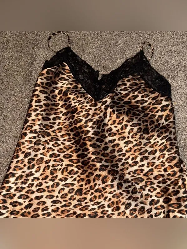Vintage Leopard Satin Lace Trim Cami & Short Set - Y2k Pajamas Black/Leopard - Image 3