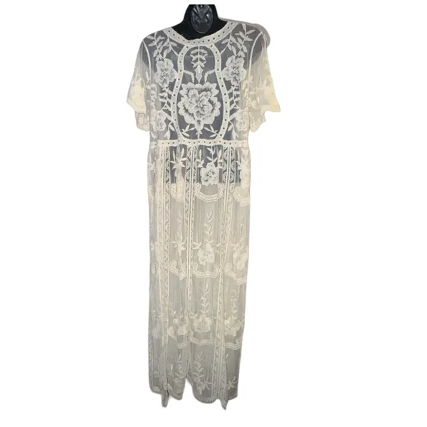 Off white floral lace short sleeve maxi swim coverup - Image 2