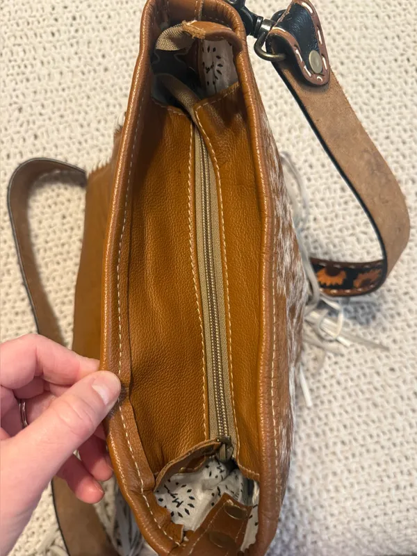 Myra Bag Brown Hair-on-Hide Crossbody with Multicolor Flap and Fringe - Image 7
