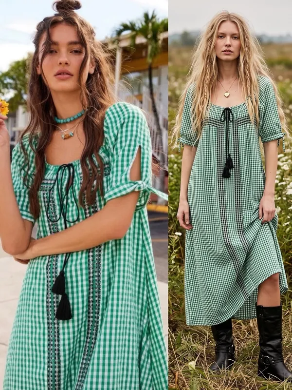 Free People Bohemian Embroidered Gingham Seersucker Cass Maxi Dress Green Small - Image 2