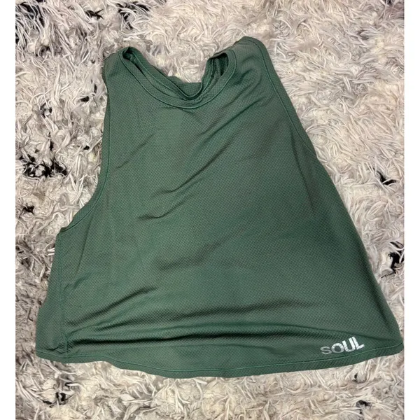 SoulCycle Lululemon Olive Green Mesh Muscle Tank Top Crossover Back SOUL Logo - Image 3