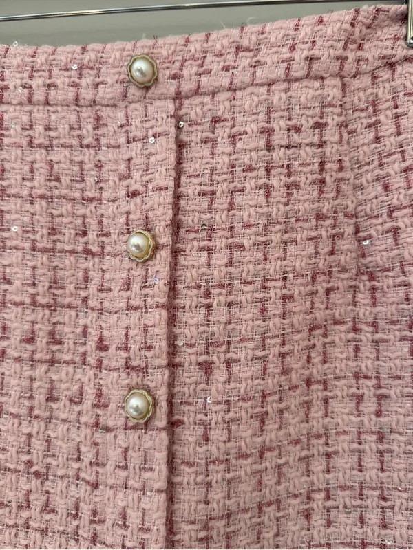 Lulus Charmed Perfection Pink Tweed Sequin Pearl Mini Skirt Large - Image 4