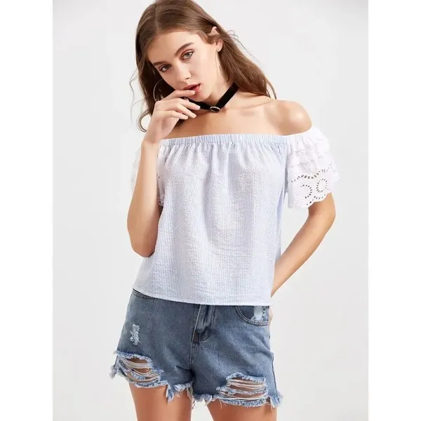 ✨Eyelet Embroidered Off The Shoulder Top✨ Blue Size M - Image 4
