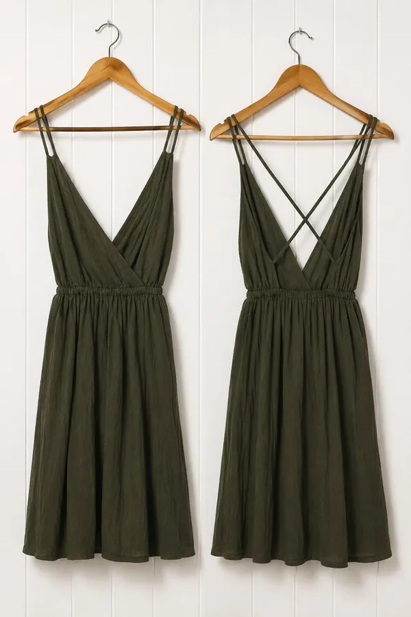 Ecote Urban Outfitters Olive Green Dress XS Strappy Criss Cross Back Mini - Image 2