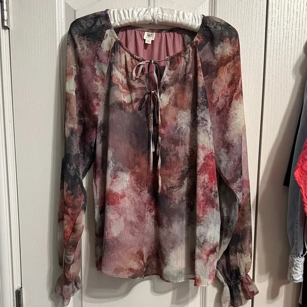 💖 Autres Filles Watercolor Grunge‎ Puff Long Sheer Sleeve Abstract Blouse - Image 2
