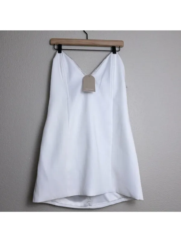 NWT Meshki Suiting Mini Dress XL White Diamante Rope Crystal Trim Strapless - Image 5
