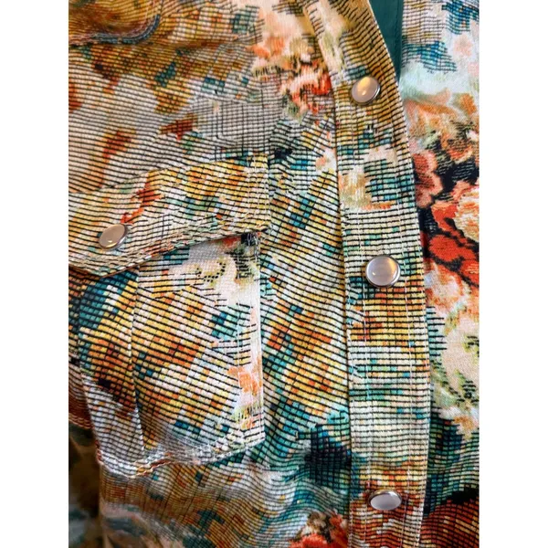 Floral dqinty Long‎ Sleeve Snap Western boho whimsi cottage Y2K Shirt S green - Image 2