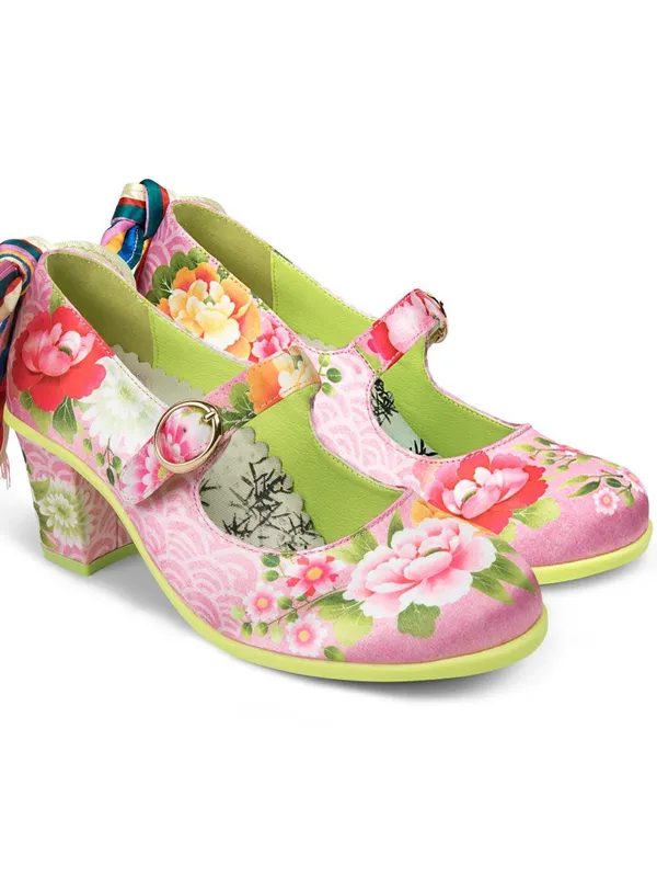 Pink Floral Mary Jane Block Heel Pumps - Image 3