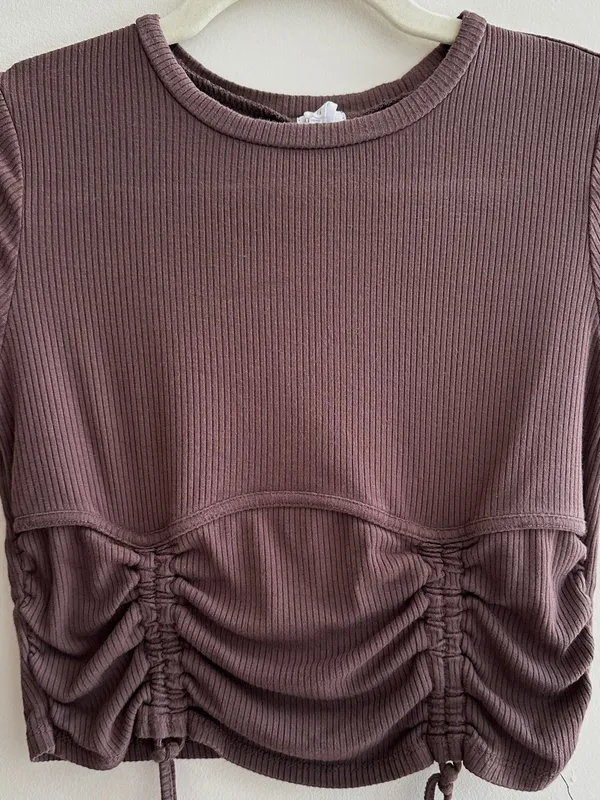 Garage Ribbed Cropped Tie Front Top, Casual Going Out Top, Brown, Size Medium - Image 2