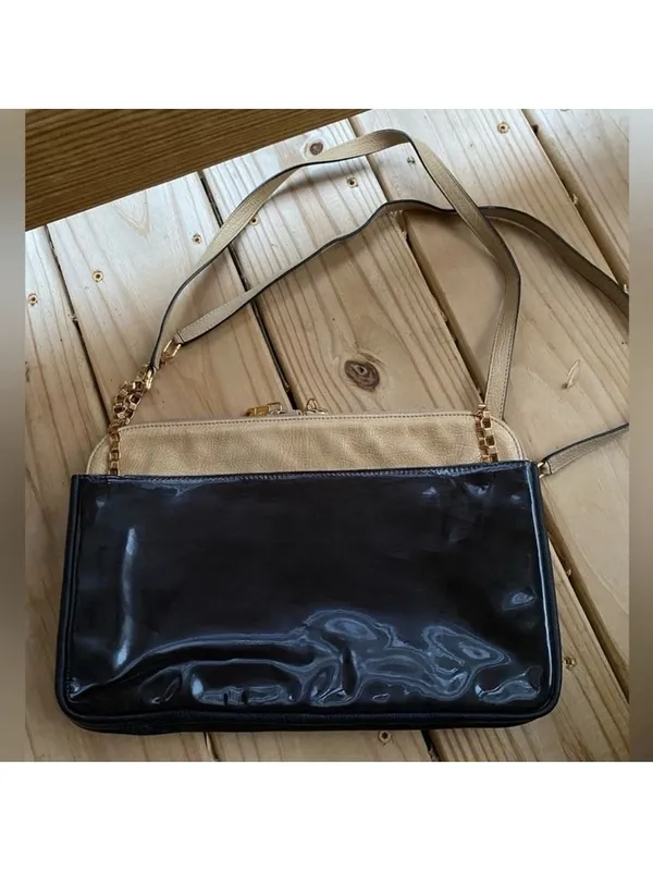 Authentic Chloé Lucy Two-Tone Leather Shoulder Bag Beige & Black Patent Leather - Image 6
