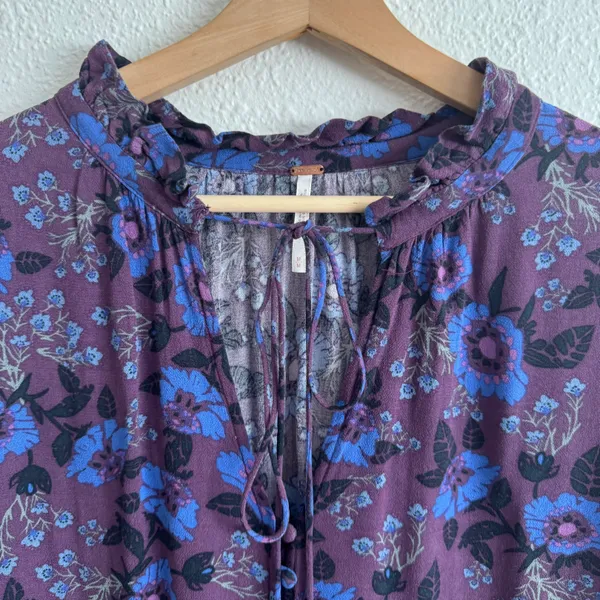 Free People Wine Purple Blue Boho Floral Mystery Bell Sleeve Tunic Blouse - Image 6