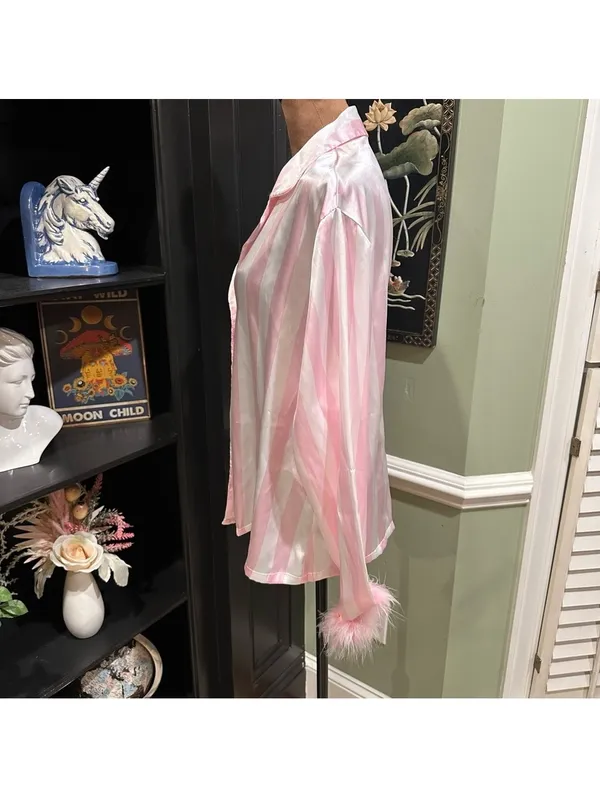 Linea Donatella Pink Stripe Feather‑Trim Pajama Set – Size Large - Image 7