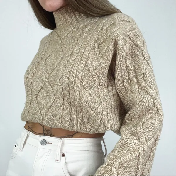 J.Crew Wool-Blend Cable-Knit Rollneck Sweater in Beige | Size L - Image 2
