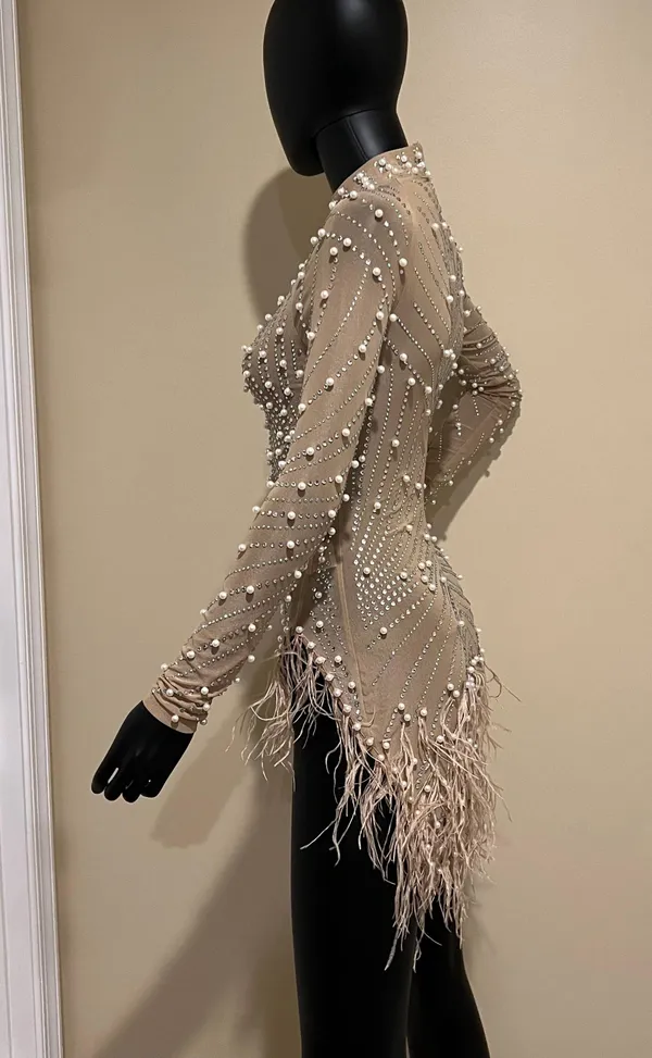 Rhinestones mini dress long sleeve pearl dress mock neck dress fringe feathers dress Sequin Dress - Image 7