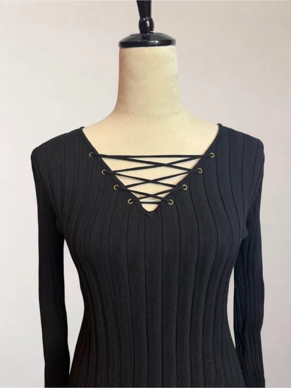 Black Lace Up Ribbed Long Sleeve Top Size L Y2K Whimsigoth Soft Goth - Image 3