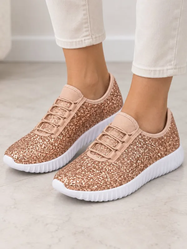 Women’s Rose Gold Glitter Slip-On Sneakers Elastic Lace Size 8 NWT - Image 2