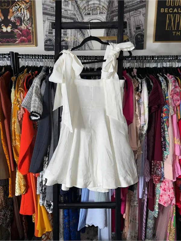 Dissh Aisle White Linen Bow Strap Mini Dress 100% Linen US 6 EUC - Image 11