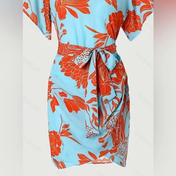 Plant Print V Neck Casual Asymmetrical Hem Tie Waist Dress - Image 3