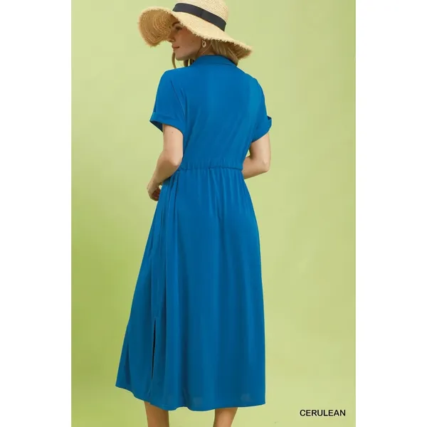 Umgee Collared Belted Midi‎ Dress - Cerulean - Small - Image 5