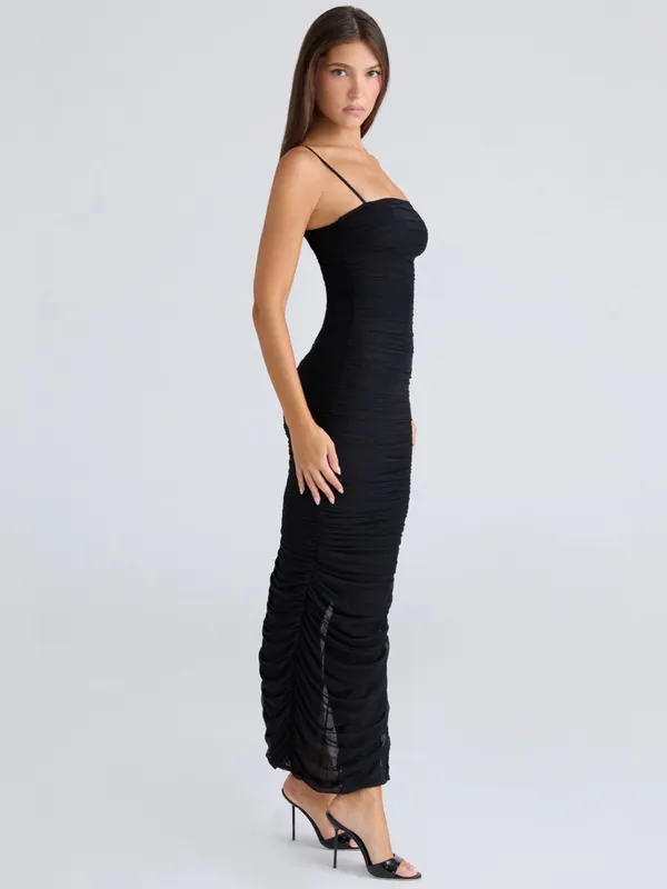 House of CB Fornarina Black Gathered Ruched Mesh Maxi Dress LG - Image 12