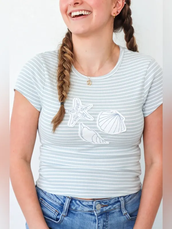 Le Lis Striped Sea Shell Patch Tee - Light Blue & White M - Image 2