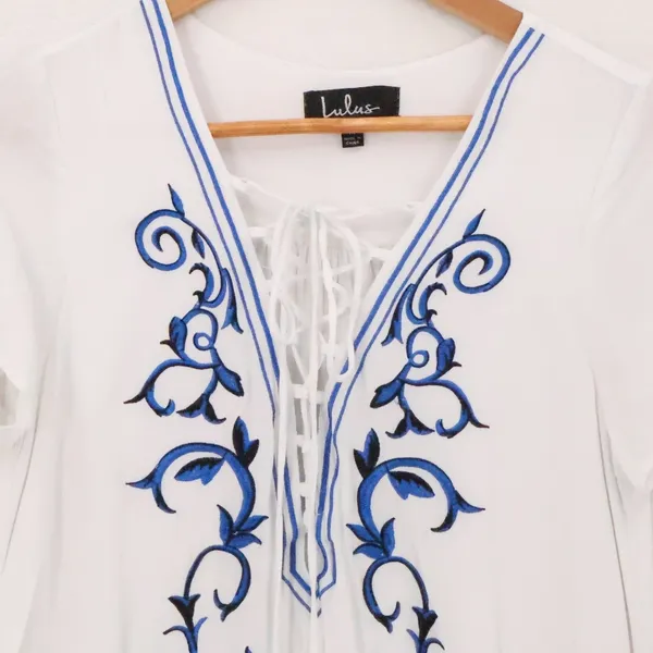 Lulus Embroidered Boho Shift Dress Swim Cover Womens Size M White‎ Blue Resort - Image 8