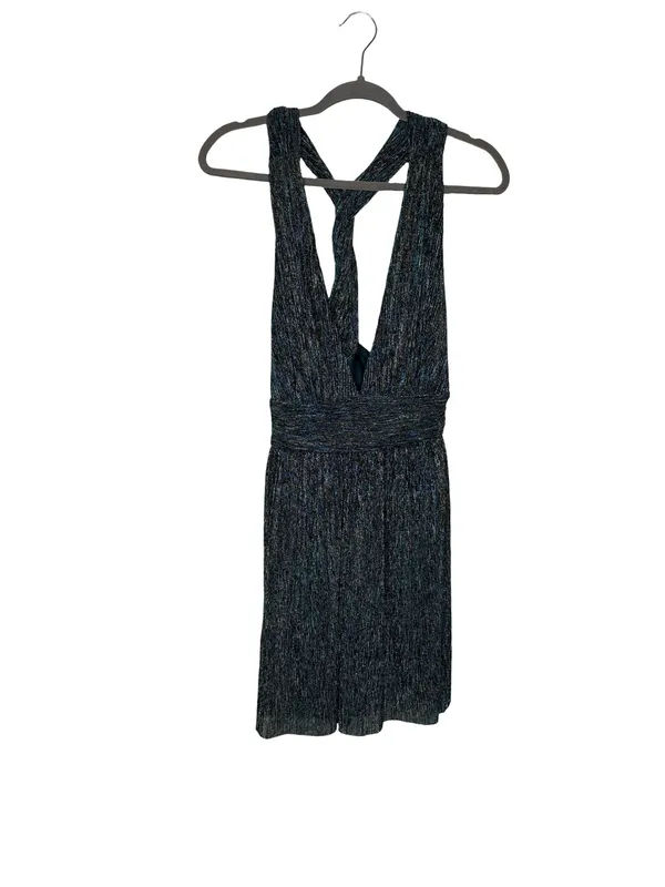 ✨‎ Lulus Ailey Gold & Teal Metallic Plissé Halter Mini Dress NWT Size L ✨ - Image 2