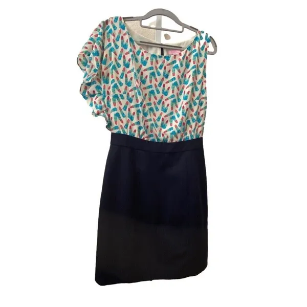 Lilly‎ Pulitzer Silk Dress Lipstick Print One Shoulder Navy Blue Size 6 - Image 2