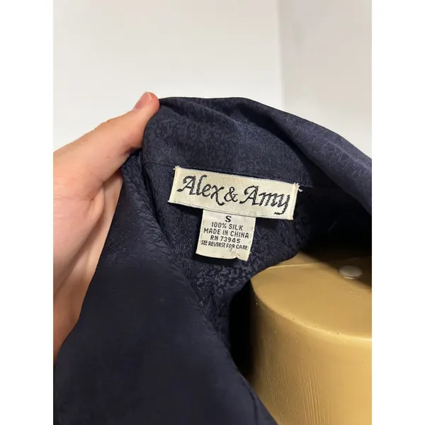 Alex & Amy Womens Navy Blue 100% Silk Jacquard Long Sleeve Button Down Blouse S - Image 6