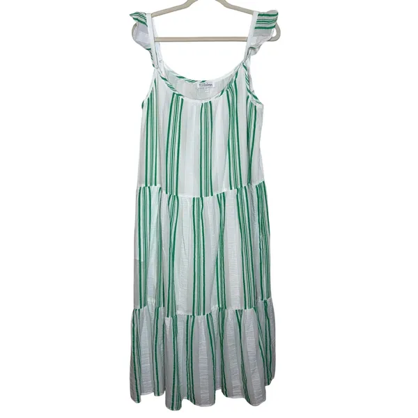 PJ Salvage Green Stripe Cotton Tiered Midi Dress Ruffle Strap Summer Size L - Image 2