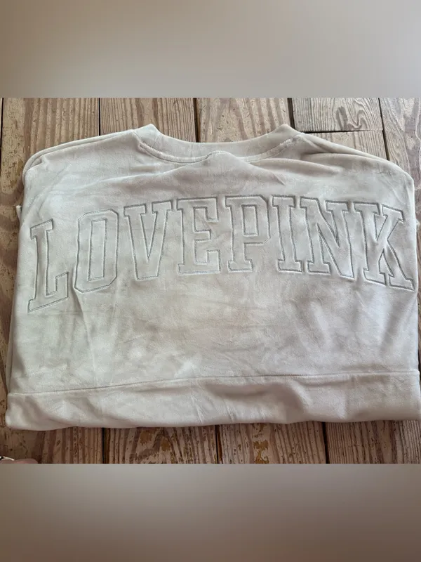 Victoria's Secret PINK Beige Velour Crewneck Sweatshirt Size M - Image 4