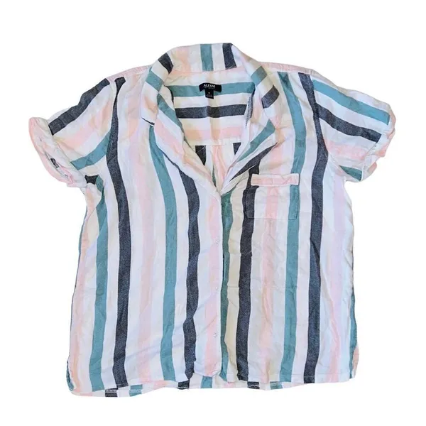 ALFANI Intimates Stripe Notched Collar Pocket Shirt Pajama Top Shorts M - Image 4