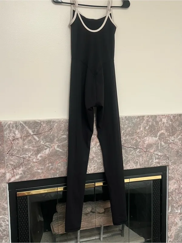 437 Black Spaghetti-Strap Jumpsuit with Cream Trim - Image 2