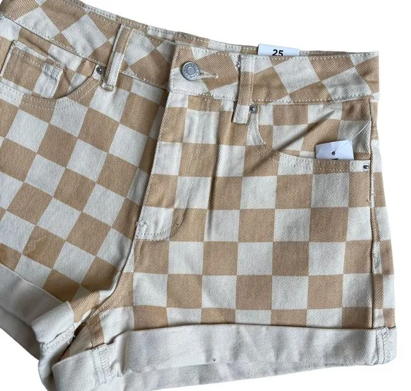 PacSun Women’s Checkerboard Mom Shorts Size 25 Tan Checker Denim High Waist - Image 6