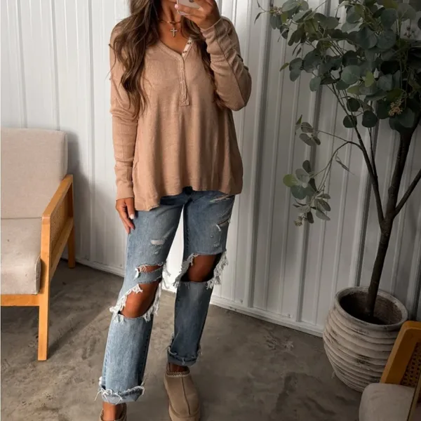Women's Tan Henley - Image 3