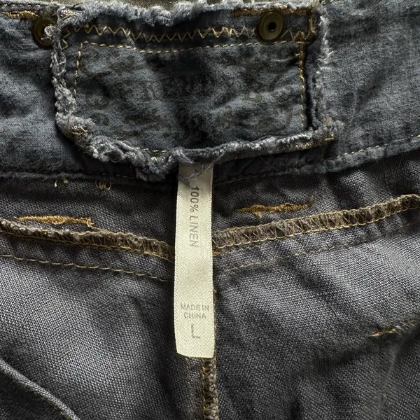 Y2K Linen Cargo Capri Blue Utility Boho Cropped Pants Sz L Button‎ Fly Wide Leg - Image 14