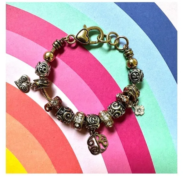 Three toned “R” initial charm bracelet Gold - Image 2