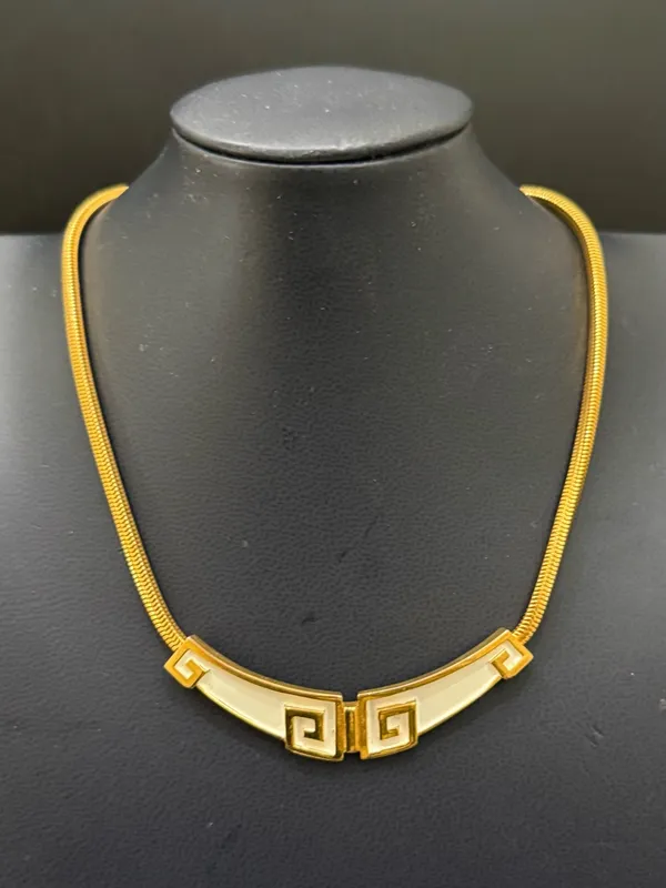 Vintage Signed TRIFARI Gold-tone Off White Enameled Greek Key Style Necklace - Image 5