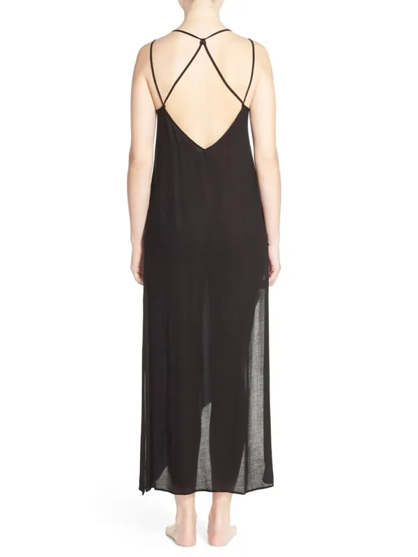 Free People Black Long Crisscross-Back Nightgown with Asymmetric Hem 100% Rayon - Image 3