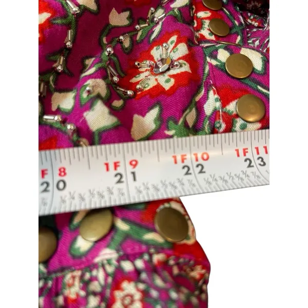 Free People Boho Floral Peasant Top M Purple Red Tie Up Studded Beaded Rayon - Image 12