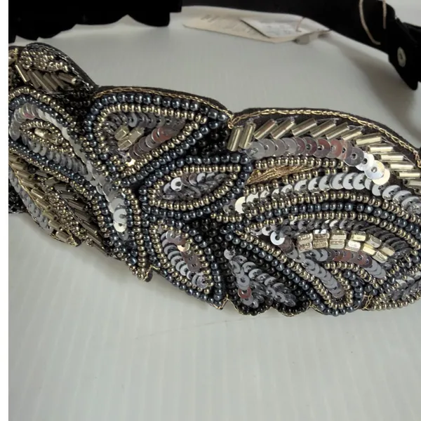 Silver Beaded Embroidered Boho Festival Floral Belt Elastic Sz 34 Waistband NWT - Image 3