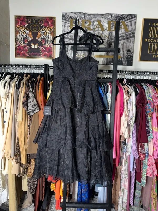 Lulus Black Burnout Jacquard Tie Strap Bustier Midi Dress Large New NWT - Image 9