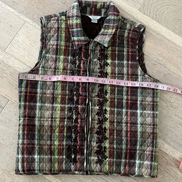 Christopher & Banks Quilted Plaid Embroidered Vest Brown Green Size S - Image 6