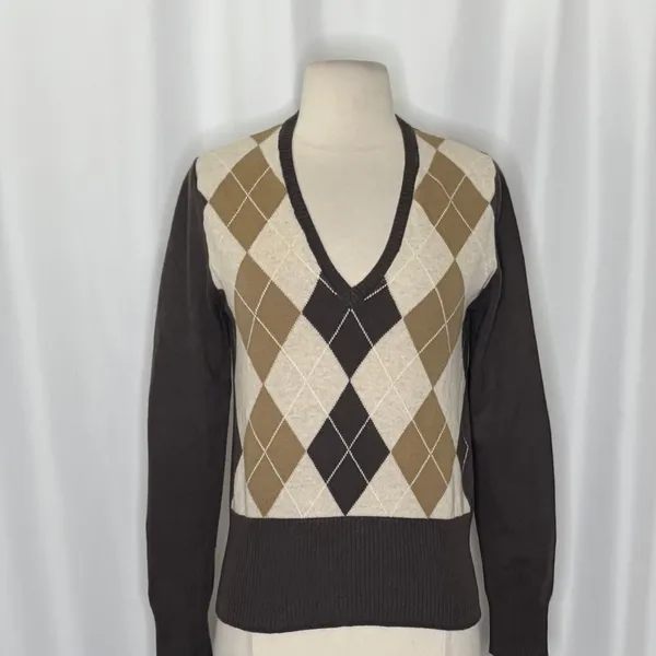 UNITED COLORS OF BENETTON Argyle Wool Blend V-Neck Sweater Preppy Size Small - Image 3