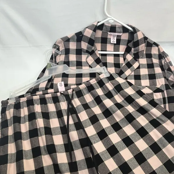 Victoria'S Secret Plaid Flannel Pj’S‎ M Pink/Black W/Gold Thread Preowned - Image 2