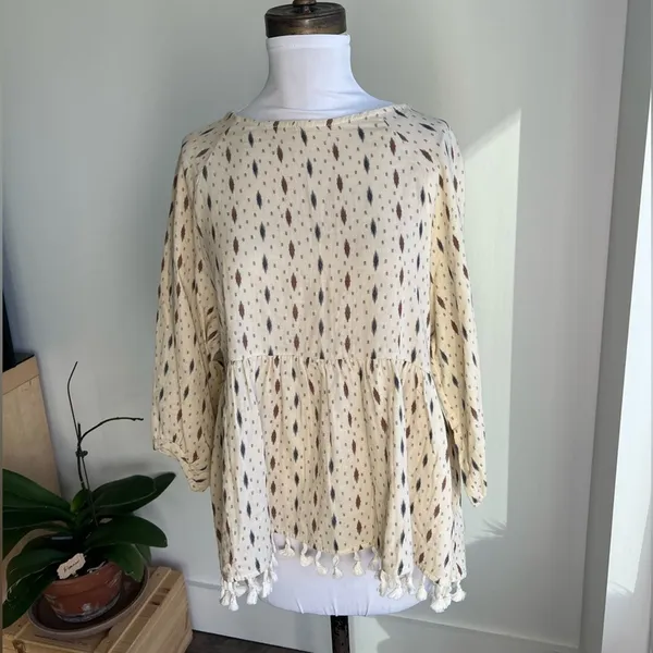 Anthropologie Eri + Ali Fringe Tassel Cream South Western Top Women's Size S - Image 2