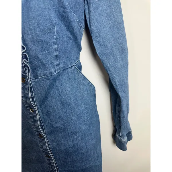 Boden Womens Blue Denim Ruffle Neck Button Front‎ Long Sleeve Shirt Dress US 4R - Image 3