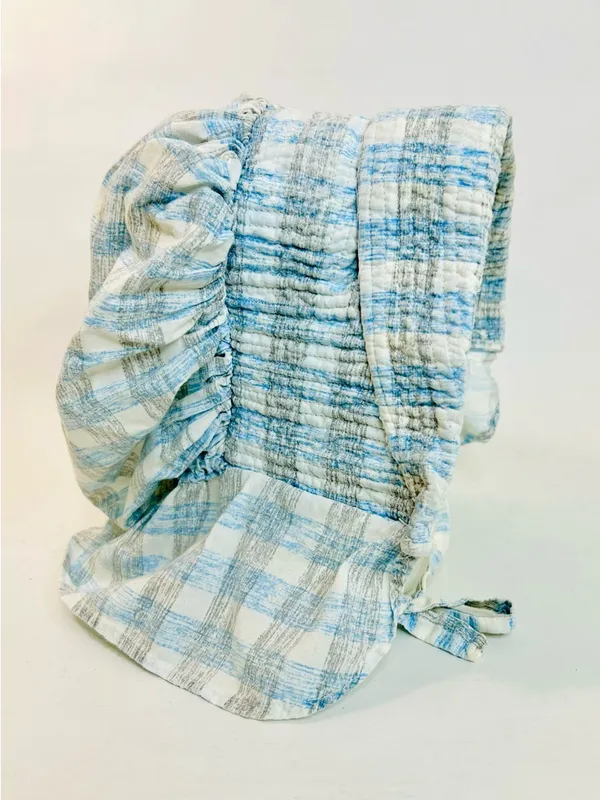 Vintage Large Prairie Sun Bonnet, Blue and White Plaid Flannel, One Size - Image 6