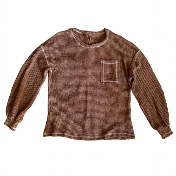 Brown Waffle Knit Long Sleeve Loungewear Pajama Top Small - Image 2